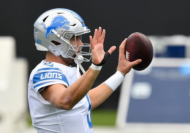 Lions Quarterback Matthew Stafford prepares to face the Panthers at Bank of America Stadium on Sunday, November 22, 2020, in Charlotte, North Carolina.